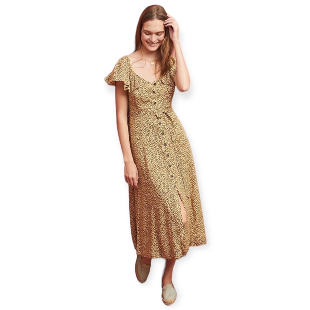 Anthropologie Bolano Button Front Cheetah Print Ruffle Sleeve Midi Dress Size 4